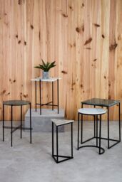 Orsina Set of 3 Marble Top Side Tables Set, Square, Circle, Triangle End Tables, Black Powder Coated Frame - thumbnail 4