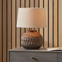Ruma Small Bronze Textured Aztec Pattern Ceramic Table Lamp with Shade