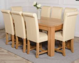 Thats Furniture Dakot 182 x 92cm Oak Large Dining Table & 8 Washington Leather Chairs in Cream - Size: 182 x 92 cm