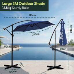 Keplin 3M Cantilever Garden Parasol with Cover - 6 Ribs 180GSM, UV Resistant in Navy - thumbnail 8