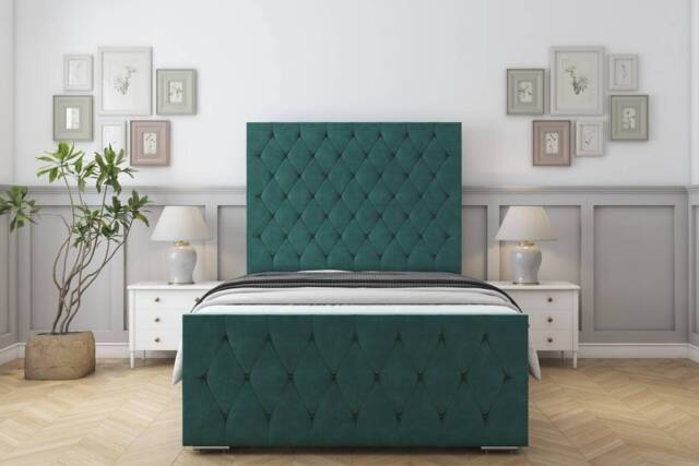 "Sloomy Watson Plush Bed Frame With 50"" Upholstered Headboard in Emerald - Size: Single" - image 1