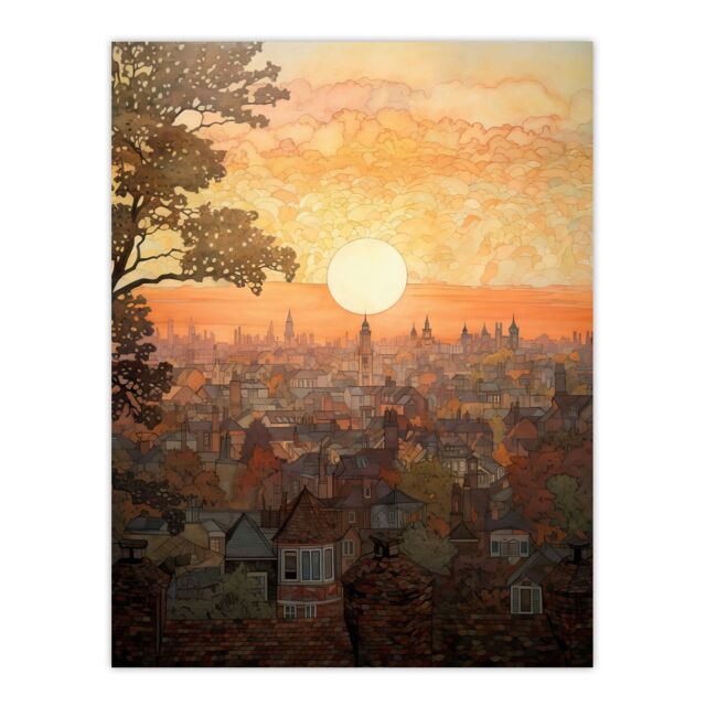 "Artery8 Wall Art Print Sunset Over Oxford City Watercolour Painting Orange Pink Atmospheric Cityscape Poster - Size: W18"" x H24""" - image 1