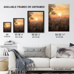 "Artery8 Wall Art Print Sunset Over Oxford City Watercolour Painting Orange Pink Atmospheric Cityscape Poster - Size: W18"" x H24""" - thumbnail 3
