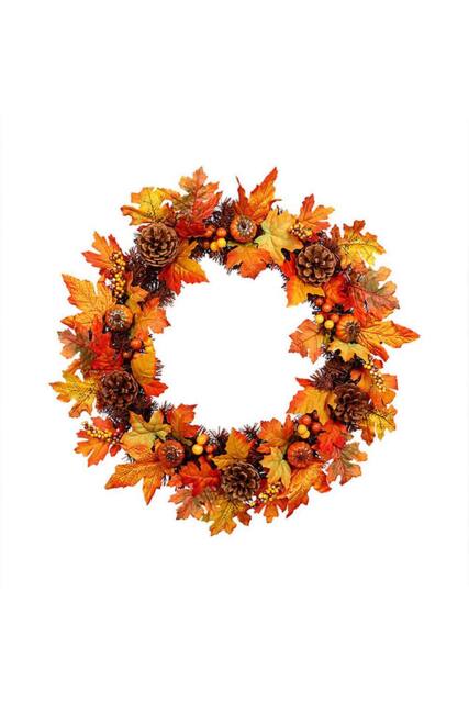 H&O Direct 60cm Artificial Maple Leaf Wreath Outdoor Decoration for Halloween in Orange - image 1
