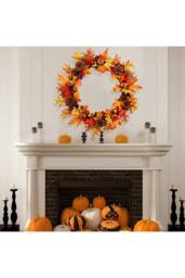 H&O Direct 60cm Artificial Maple Leaf Wreath Outdoor Decoration for Halloween in Orange - thumbnail 2
