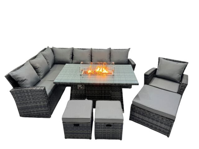 Fimous Rattan Outdoor Patio Gas Firpit Table Sofa Set with 3 Stools Chair in Dark Grey - image 1