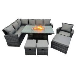 Fimous Rattan Outdoor Patio Gas Firpit Table Sofa Set with 3 Stools Chair in Dark Grey - thumbnail 1