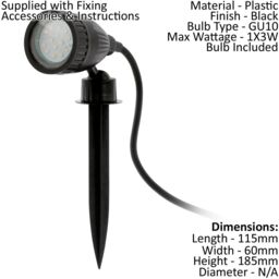 Loops IP44 Outdoor Ground Spike Light Black Plastic 1 x 3W GU10 Bulb Spotlight - thumbnail 2