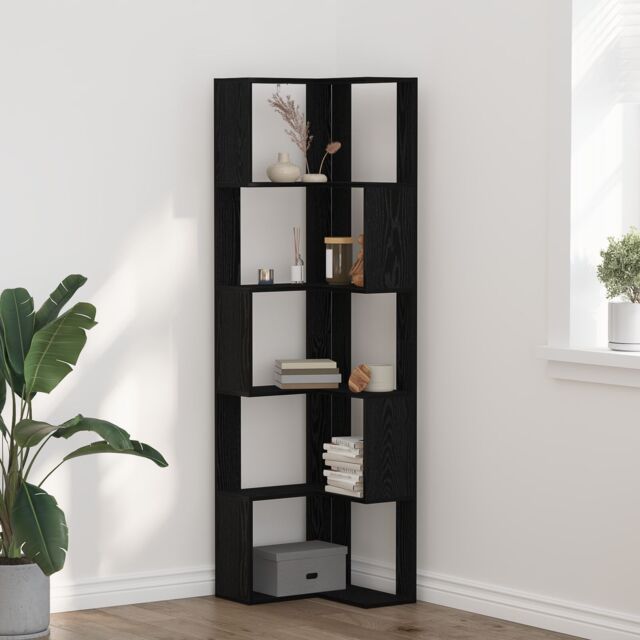 Berkfield Home Corner Bookcase - 5 Shelves, Black Oak, 50x50x179 cm, Made from Engineered Wood - Size: 50 x 50 x 179 cm - image 1
