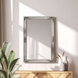 Orsina Rustic Vintage Silver Finish Wall Mirror, Ornate Mirror With Natural Wood Frame, Weathered Wall Fixture Mirror