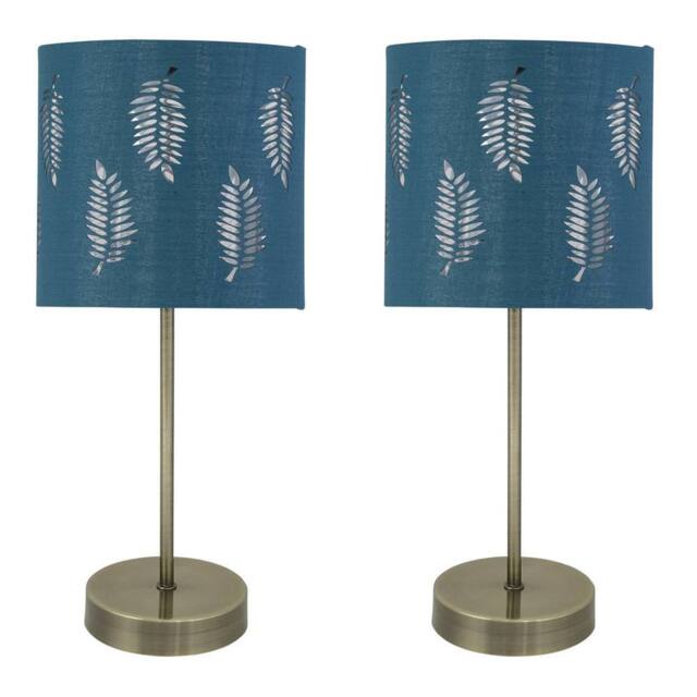 First Choice Lighting Set of 2 Antique Brass Stick Table Lamps with Teal Fern Cut Out Shades in Bronze - image 1