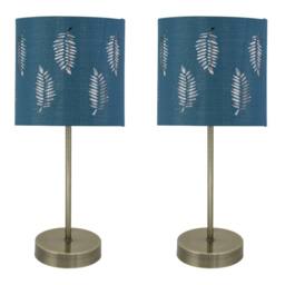 First Choice Lighting Set of 2 Antique Brass Stick Table Lamps with Teal Fern Cut Out Shades in Bronze