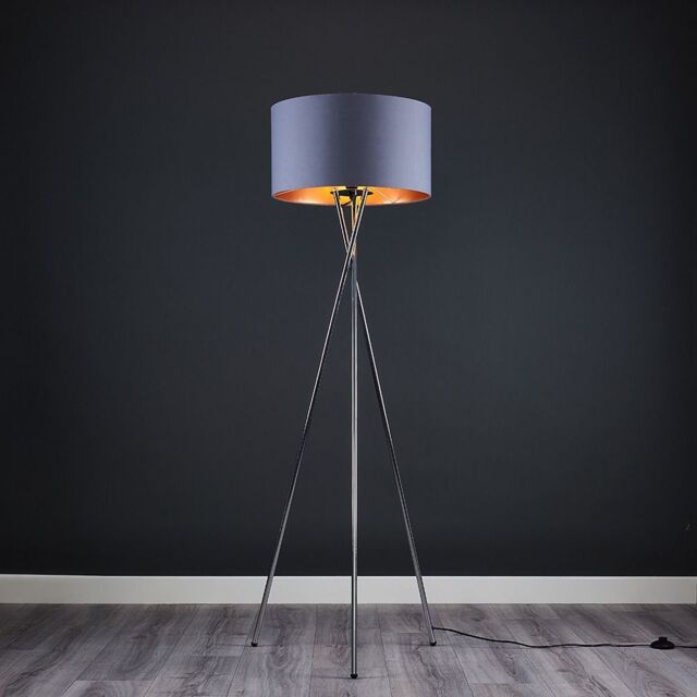 ValueLights Camden Chrome Metal Tripod Floor Lamp with Grey & Copper Lamp Shade - image 1
