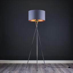 ValueLights Camden Chrome Metal Tripod Floor Lamp with Grey & Copper Lamp Shade - thumbnail 3