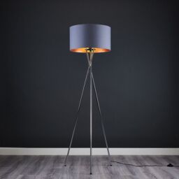 ValueLights Camden Chrome Metal Tripod Floor Lamp with Grey & Copper Lamp Shade