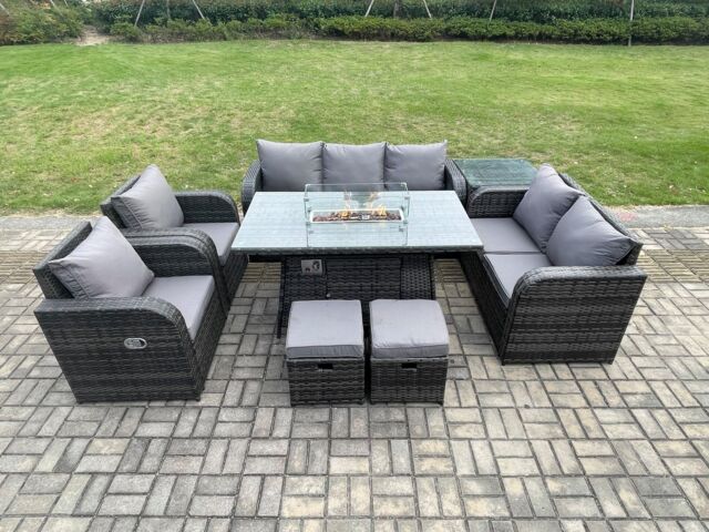 Fimous 9 Seater PE Wicker Outdoor Rattan Garden Furniture Set Propane Gas Fire Pit Table & Sofa Chair set with Side Table 2 Footstools in Dark Grey - image 1