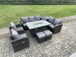 Fimous 9 Seater PE Wicker Outdoor Rattan Garden Furniture Set Propane Gas Fire Pit Table & Sofa Chair set with Side Table 2 Footstools in Dark Grey - thumbnail 3