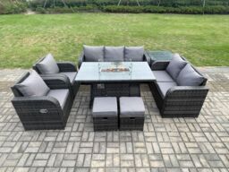 Fimous 9 Seater PE Wicker Outdoor Rattan Garden Furniture Set Propane Gas Fire Pit Table & Sofa Chair set with Side Table 2 Footstools in Dark Grey - thumbnail 1