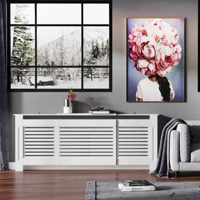 HOMCOM Extendable Radiator Cover Cabinet Slatted Design MDF White Home Office - image 1
