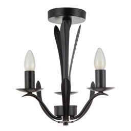 Happy Homewares Traditional 3-Arm Ceiling Light in Matte Black with Metal Leaves - thumbnail 1