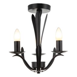 Happy Homewares Traditional 3-Arm Ceiling Light in Matte Black with Metal Leaves - thumbnail 2