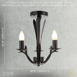 Happy Homewares Traditional 3-Arm Ceiling Light in Matte Black with Metal Leaves - thumbnail 7