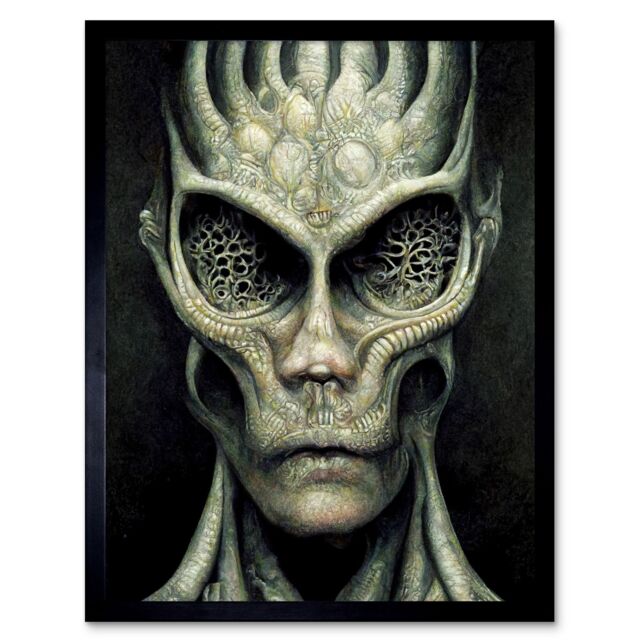 "Artery8 Wall Art Print Gray Alien Gothic Horror Dark Monochrome Art Framed in Black - Size: W12"" x H16""" - image 1