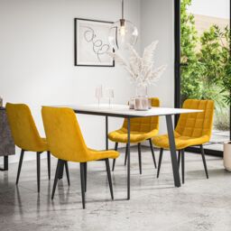 More4Homes Haydon Extending Dining Table & Chairs- White Marble Effect Table Top w Black Legs + Nova Velvet Dining Chair Set Of 6 in Mustard
