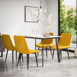 More4Homes Haydon Extending Dining Table & Chairs- White Marble Effect Table Top w Black Legs + Nova Velvet Dining Chair Set Of 6 in Mustard - thumbnail 2