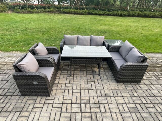 Fimous Dark Grey PE Wicker Rattan Garden Furniture Set Reclining Chair Love Sofa 2 Seater Sofa Set Outdoor Rectangular Dining Table Side Table - image 1