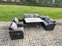 Fimous Dark Grey PE Wicker Rattan Garden Furniture Set Reclining Chair Love Sofa 2 Seater Sofa Set Outdoor Rectangular Dining Table Side Table - thumbnail 2