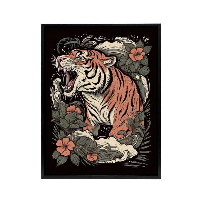 "Artery8 Roaring Tiger Old School USA Tattoo Framed Canvas Wall Art Print in Orange - Size: W12"" x H16""" - image 1
