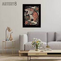"Artery8 Roaring Tiger Old School USA Tattoo Framed Canvas Wall Art Print in Orange - Size: W12"" x H16""" - thumbnail 3