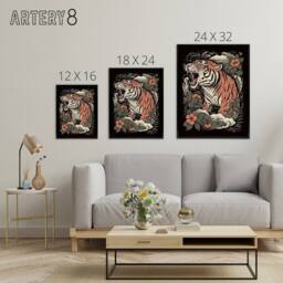 "Artery8 Roaring Tiger Old School USA Tattoo Framed Canvas Wall Art Print in Orange - Size: W12"" x H16""" - thumbnail 4
