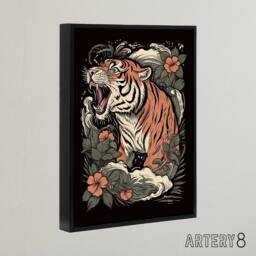 "Artery8 Roaring Tiger Old School USA Tattoo Framed Canvas Wall Art Print in Orange - Size: W12"" x H16""" - thumbnail 2
