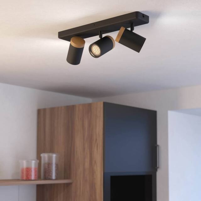 Eglo Consuma Steel & Wood 3-Light Bathroom Spotlight, Black & Brown - image 1
