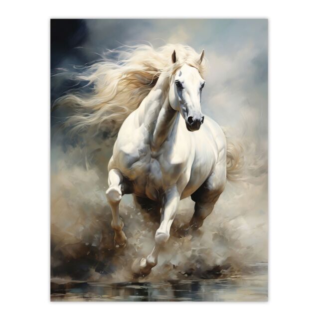 "Artery8 Wild White Horse Majestic Mane Oil Painting Extra Large XL Wall Art Poster Print - Size: W24"" x H32""" - image 1