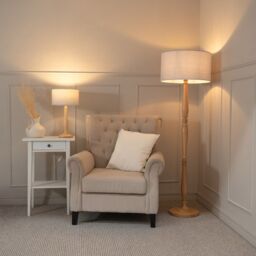 ValueLights Victoria Light Wood Traditional Floor Lamp with Fabric Drum Shade & LED Bulb in Grey - thumbnail 4