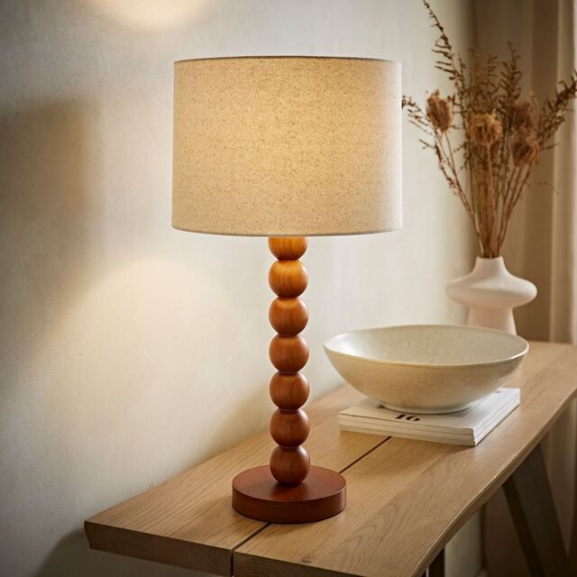 ValueLights Wyatt Natural Linen Drum Lamp Shade Walnut Wood Bobbin Table Lamp with LED Bulb - image 1