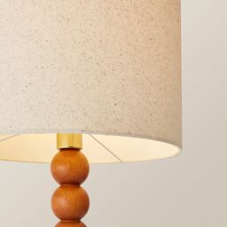 ValueLights Wyatt Natural Linen Drum Lamp Shade Walnut Wood Bobbin Table Lamp with LED Bulb - thumbnail 4
