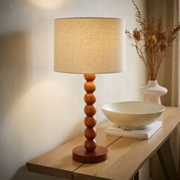 ValueLights Wyatt Natural Linen Drum Lamp Shade Walnut Wood Bobbin Table Lamp with LED Bulb