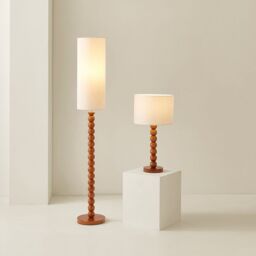 ValueLights Wyatt Natural Linen Drum Lamp Shade Walnut Wood Bobbin Table Lamp with LED Bulb - thumbnail 7
