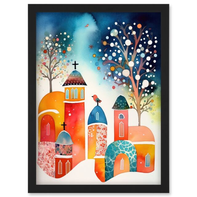 Artery8 Winter Churchyard Snowfall Trees Folk Art Artwork Framed Wall Art Print A4 in Black - image 1