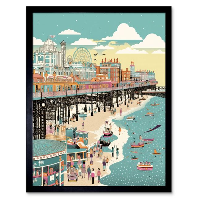 "Artery8 Wall Art Print Brighton Beach Pier & Sandy Summer Scene Art Framed in Black - Size: W12"" x H16""" - image 1