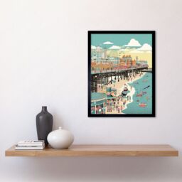"Artery8 Wall Art Print Brighton Beach Pier & Sandy Summer Scene Art Framed in Black - Size: W12"" x H16""" - thumbnail 2