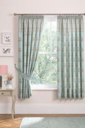 Dreams & Drapes 'Lorena Patchwork' Lined Pair of Pencil Pleat Curtains With Tie-Backs in Duck Egg Blue - Size: 168 cm width x 183 cm drop - thumbnail 1