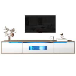 Merax Wall-mounted High-Gloss TV Cabinet with Colour-Changing LED Lights in White - thumbnail 8