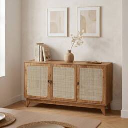CALICOSY 3-Door Buffet With Natural Rattan Caning, 120 Cm Wide - ALIA in Light Brown - thumbnail 2