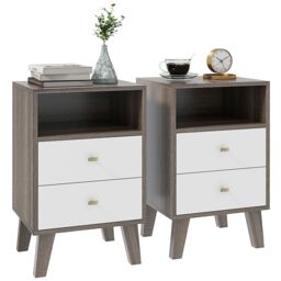 HOMCOM Bedside Tables Set of 2, Modern Nightstand with 2 Drawers & Open Cubby in Grey - thumbnail 2