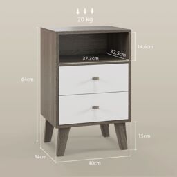 HOMCOM Bedside Tables Set of 2, Modern Nightstand with 2 Drawers & Open Cubby in Grey - thumbnail 3